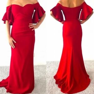 NWT Badgley Mischka Red Off-The-Shoulder Ruched Long Evening Gown